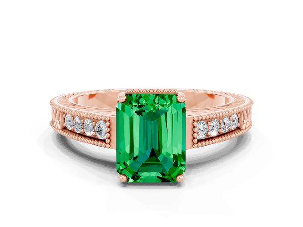 Rose gold Emerald Cut Emerald Engagement Ring with Milgrain Channel Set Band and Prong Setting