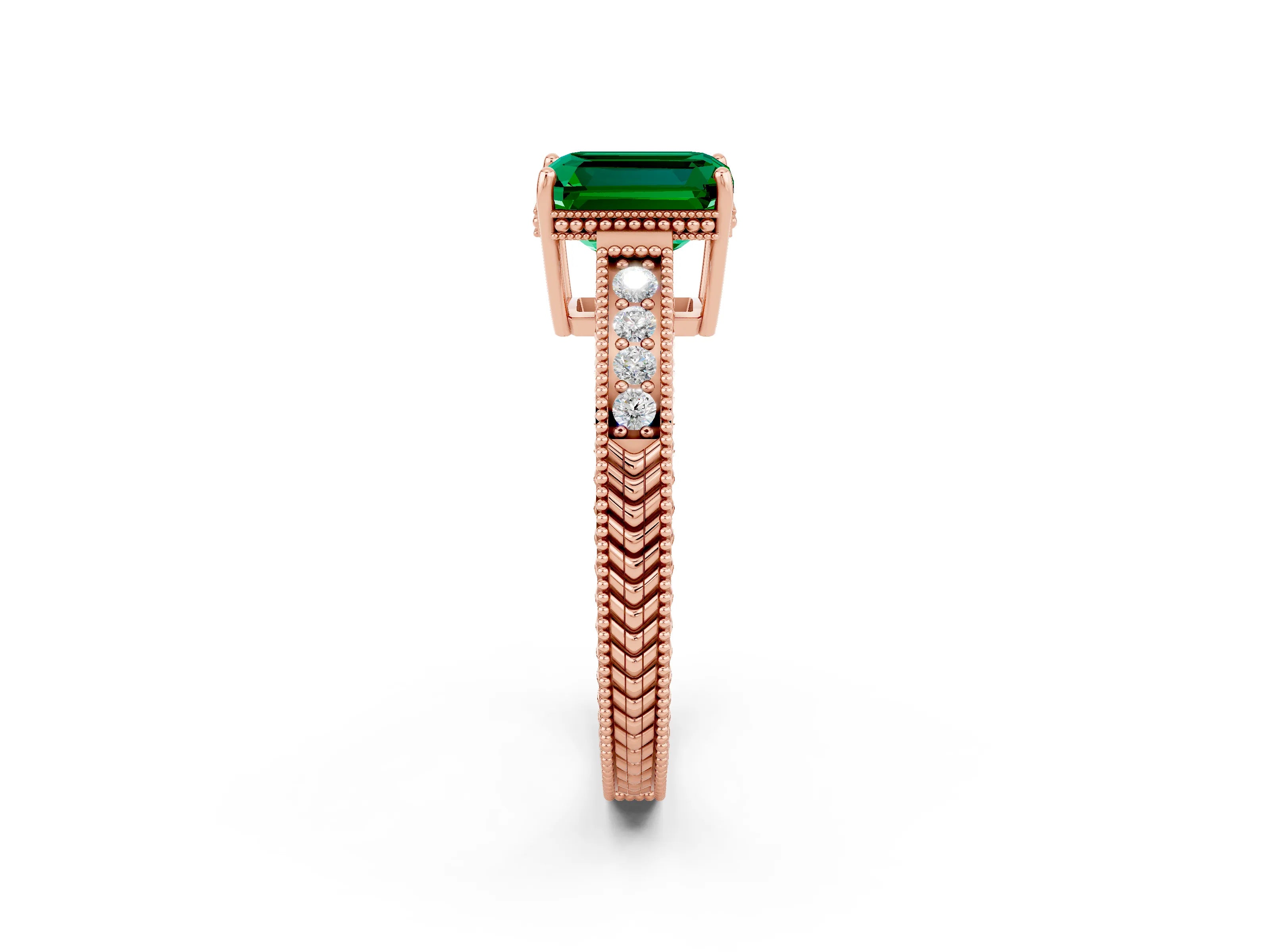 Rose gold Emerald Cut Emerald Engagement Ring with Milgrain Channel Set Band and Prong Setting_2