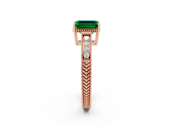 Rose gold Emerald Cut Emerald Engagement Ring with Milgrain Channel Set Band and Prong Setting