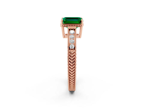 Rose gold Emerald Cut Emerald Engagement Ring with Milgrain Channel Set Band and Prong Setting_2