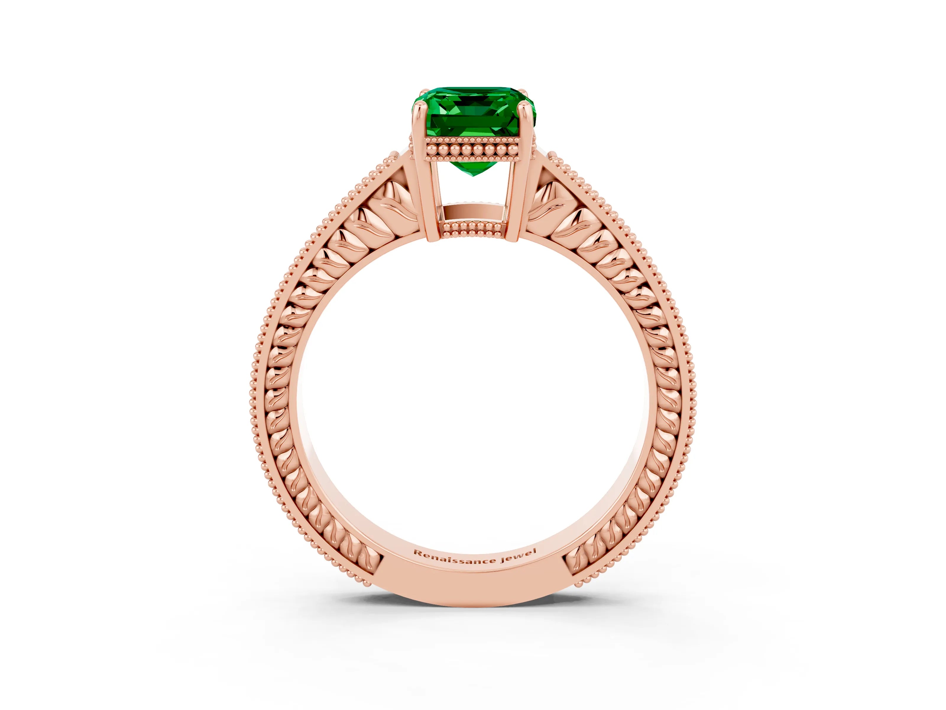 Rose gold Emerald Cut Emerald Engagement Ring with Milgrain Channel Set Band and Prong Setting_3