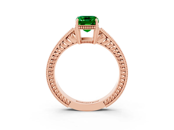 Rose gold Emerald Cut Emerald Engagement Ring with Milgrain Channel Set Band and Prong Setting