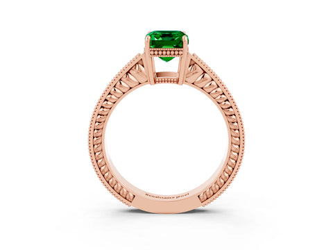 Rose gold Emerald Cut Emerald Engagement Ring with Milgrain Channel Set Band and Prong Setting_3