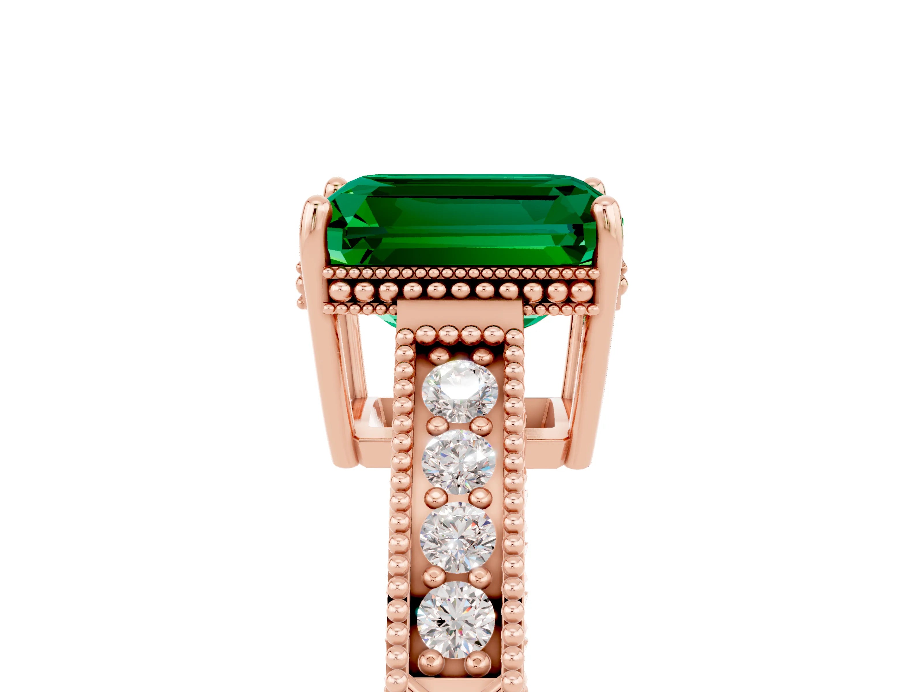 Rose gold Emerald Cut Emerald Engagement Ring with Milgrain Channel Set Band and Prong Setting_5