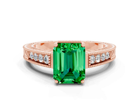 Rose gold Emerald Cut Emerald Engagement Ring with Milgrain Channel Set Band and Prong Setting