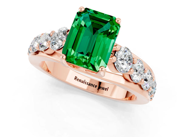 Rose gold Emerald Cut Emerald Engagement Ring with Pavé Band and Four-Prong Setting
