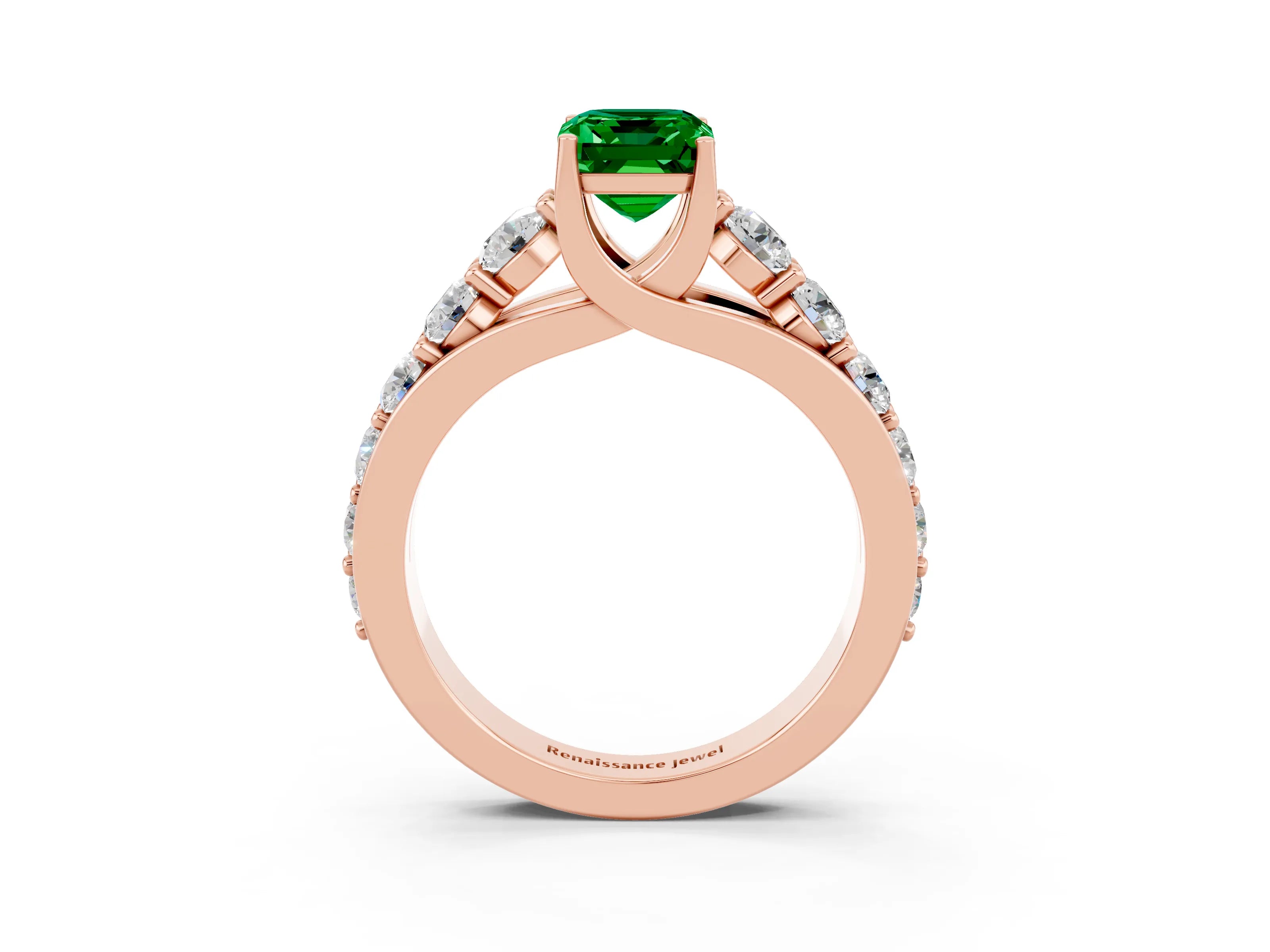 Rose gold Emerald Cut Emerald Engagement Ring with Pavé Band and Four-Prong Setting_3