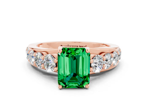 Rose gold Emerald Cut Emerald Engagement Ring with Pavé Band and Four-Prong Setting