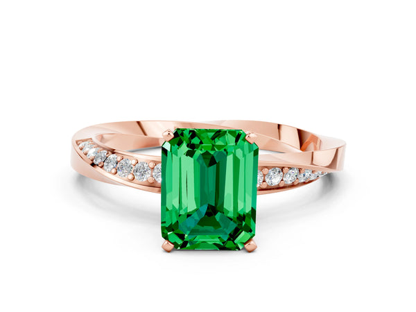 Rose gold Emerald Cut Emerald Engagement Ring with Side Stone Accents and Four-Prong Setting