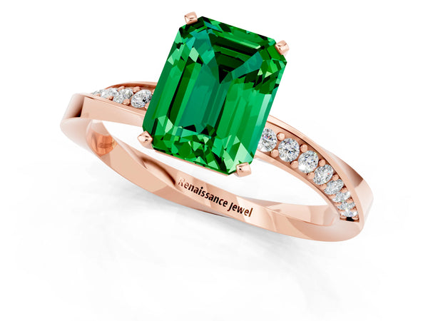 Rose gold Emerald Cut Emerald Engagement Ring with Side Stone Accents and Four-Prong Setting
