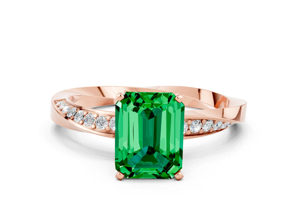 Rose gold Emerald Cut Emerald Engagement Ring with Side Stone Accents and Four-Prong Setting