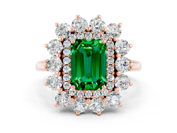 Rose gold Emerald Cut Emerald Floral Double Halo Engagement Ring with Prong Setting