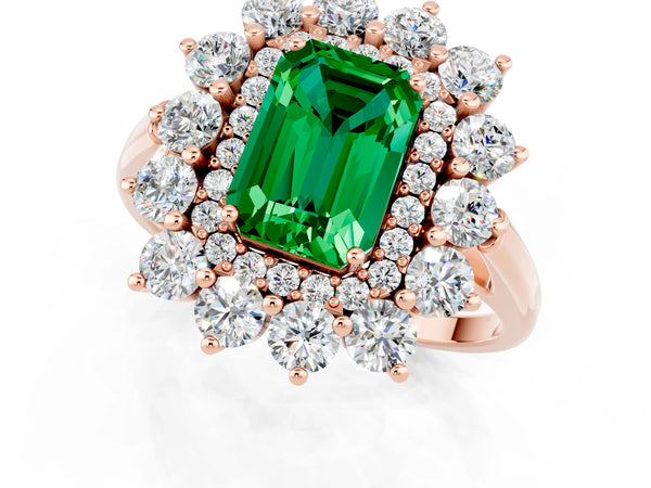 Rose gold Emerald Cut Emerald Floral Double Halo Engagement Ring with Prong Setting