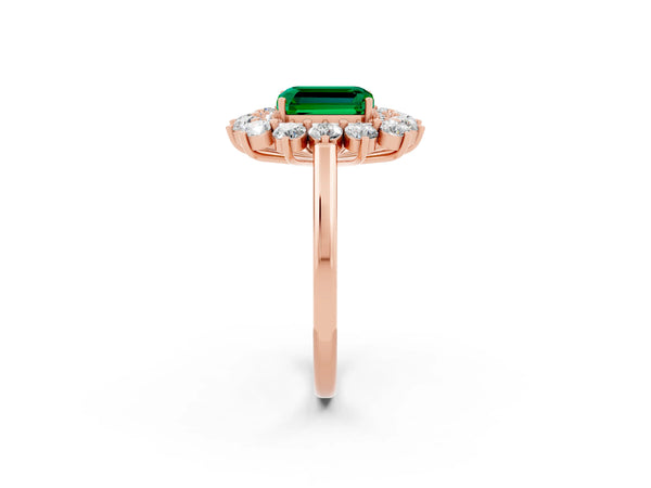 Rose gold Emerald Cut Emerald Floral Double Halo Engagement Ring with Prong Setting