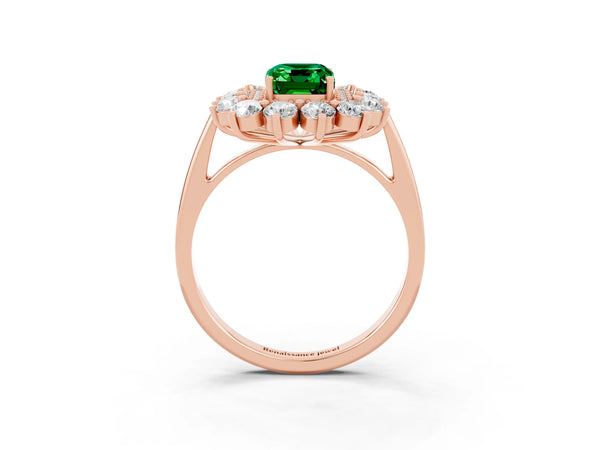 Rose gold Emerald Cut Emerald Floral Double Halo Engagement Ring with Prong Setting