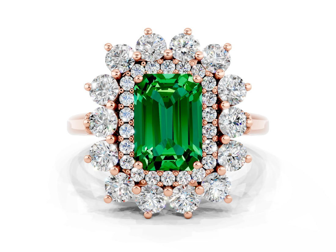 Rose gold Emerald Cut Emerald Floral Double Halo Engagement Ring with Prong Setting_60