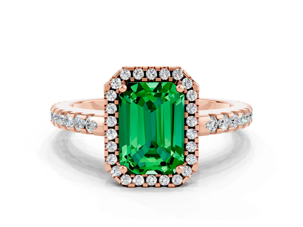 Rose gold Emerald Cut Emerald Halo Engagement Ring with Pavé Band and Prong Setting