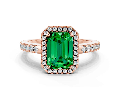 Rose gold Emerald Cut Emerald Halo Engagement Ring with Pavé Band and Prong Setting_12