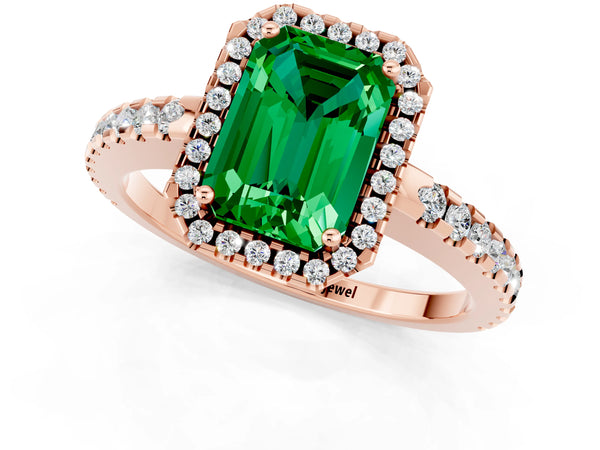 Rose gold Emerald Cut Emerald Halo Engagement Ring with Pavé Band and Prong Setting