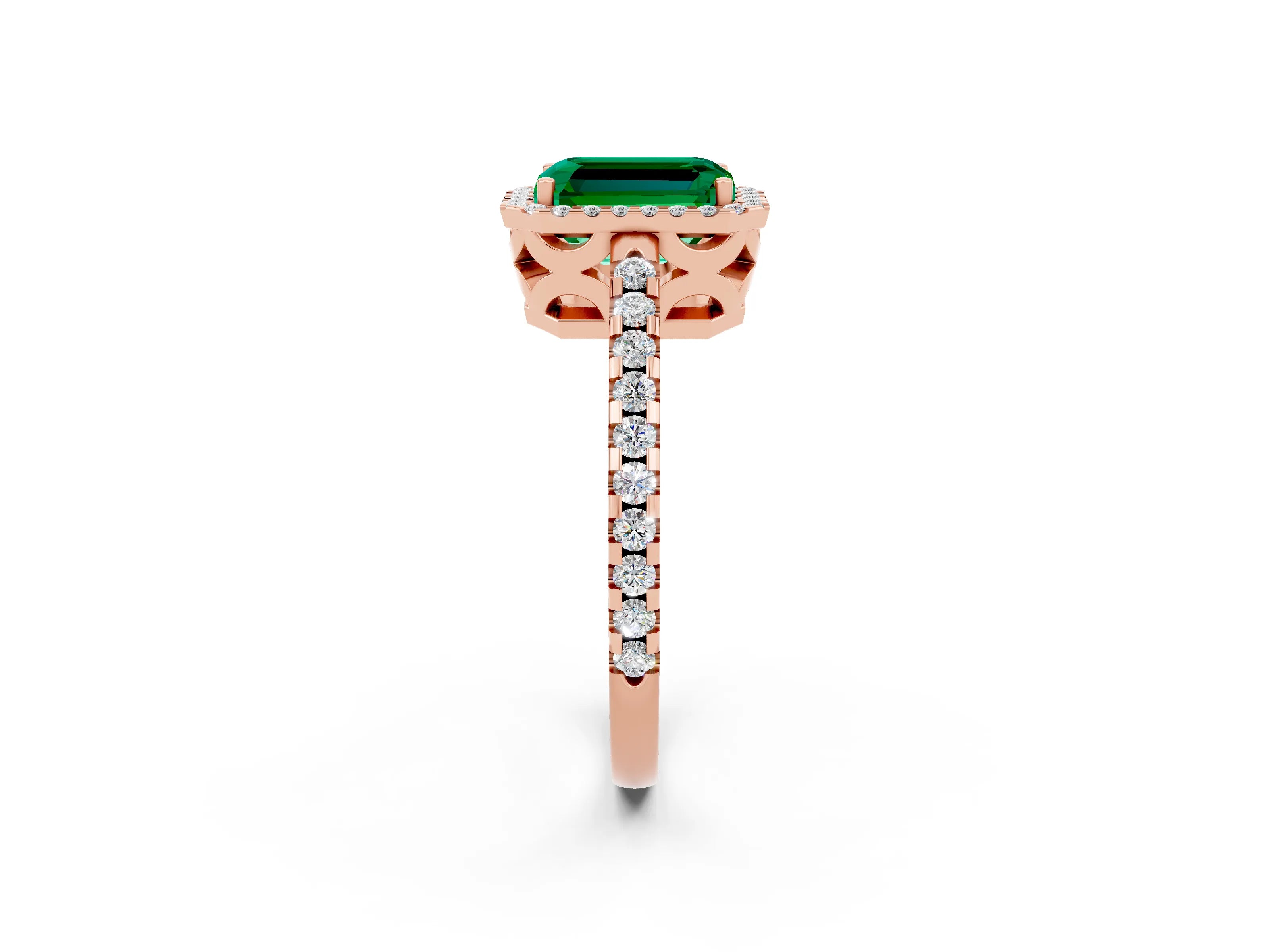 Rose gold Emerald Cut Emerald Halo Engagement Ring with Pavé Band and Prong Setting_14