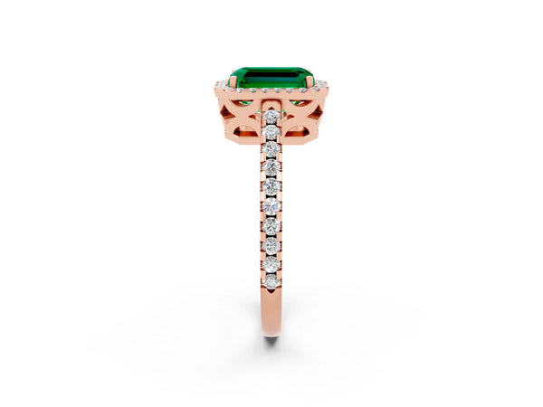 Rose gold Emerald Cut Emerald Halo Engagement Ring with Pavé Band and Prong Setting