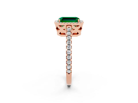 Rose gold Emerald Cut Emerald Halo Engagement Ring with Pavé Band and Prong Setting_14
