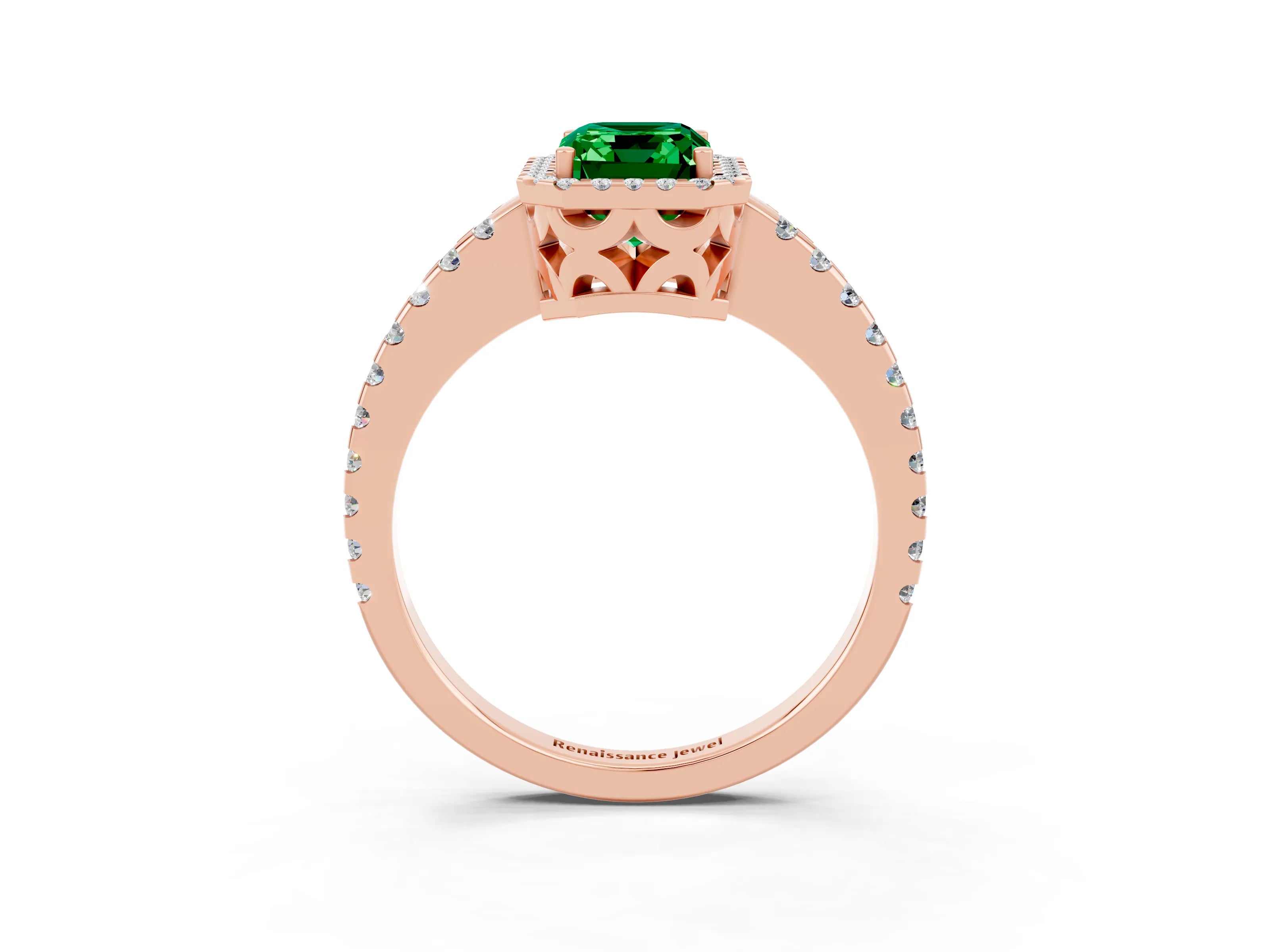 Rose gold Emerald Cut Emerald Halo Engagement Ring with Pavé Band and Prong Setting_15