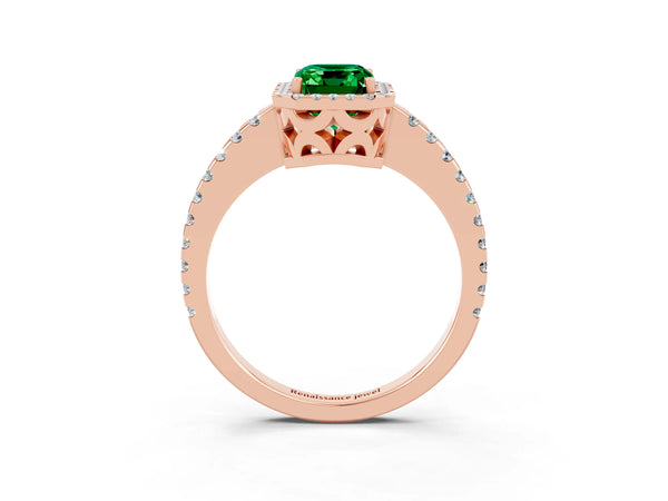 Rose gold Emerald Cut Emerald Halo Engagement Ring with Pavé Band and Prong Setting