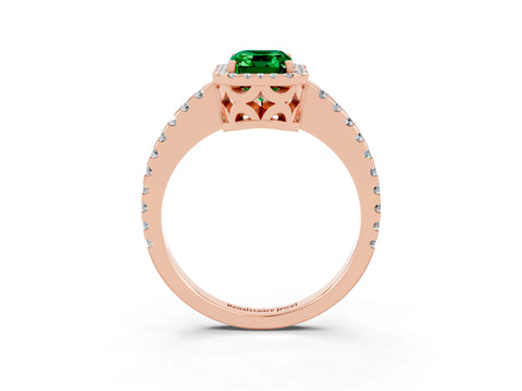 Rose gold Emerald Cut Emerald Halo Engagement Ring with Pavé Band and Prong Setting_15