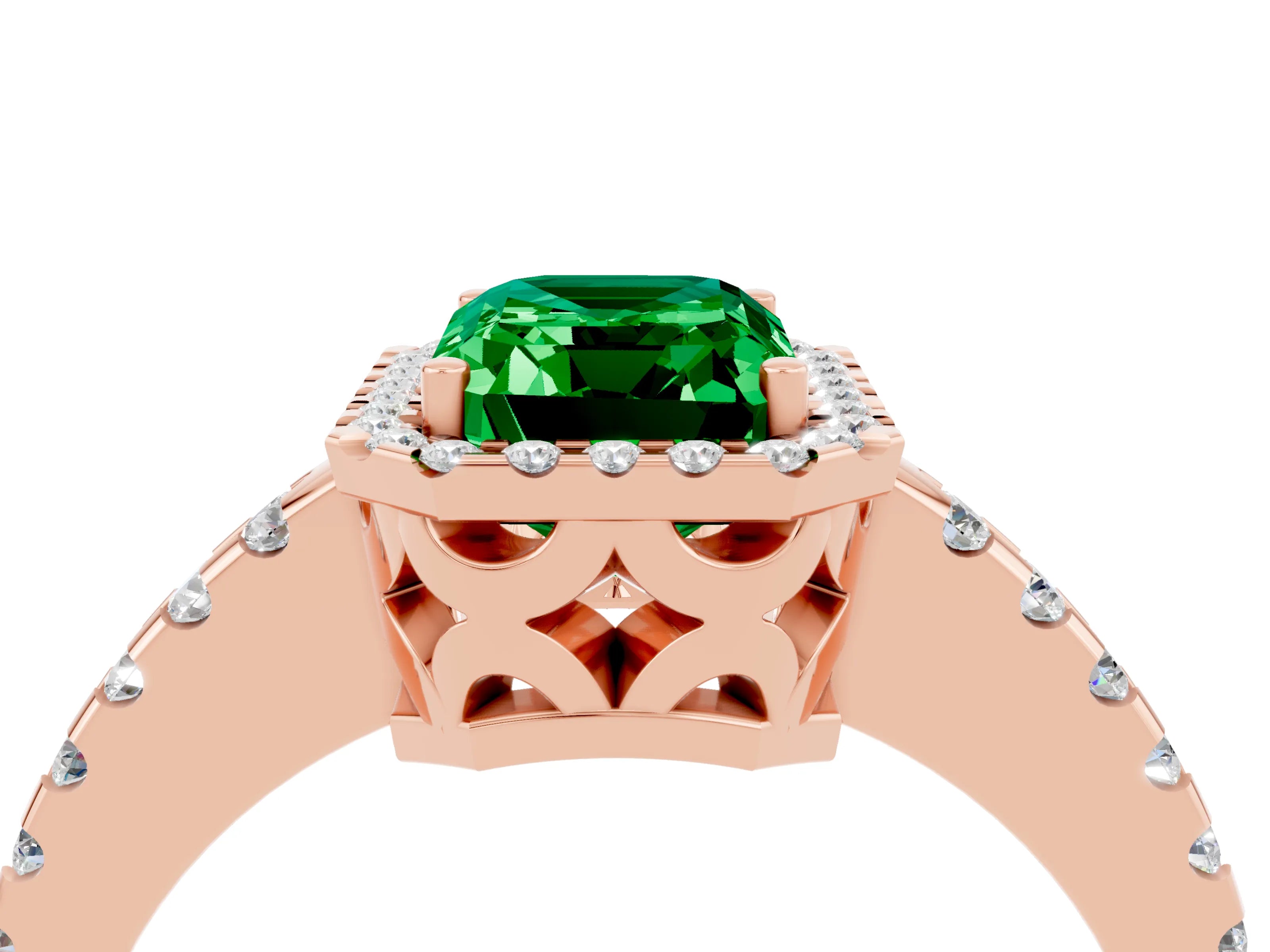 Rose gold Emerald Cut Emerald Halo Engagement Ring with Pavé Band and Prong Setting_16