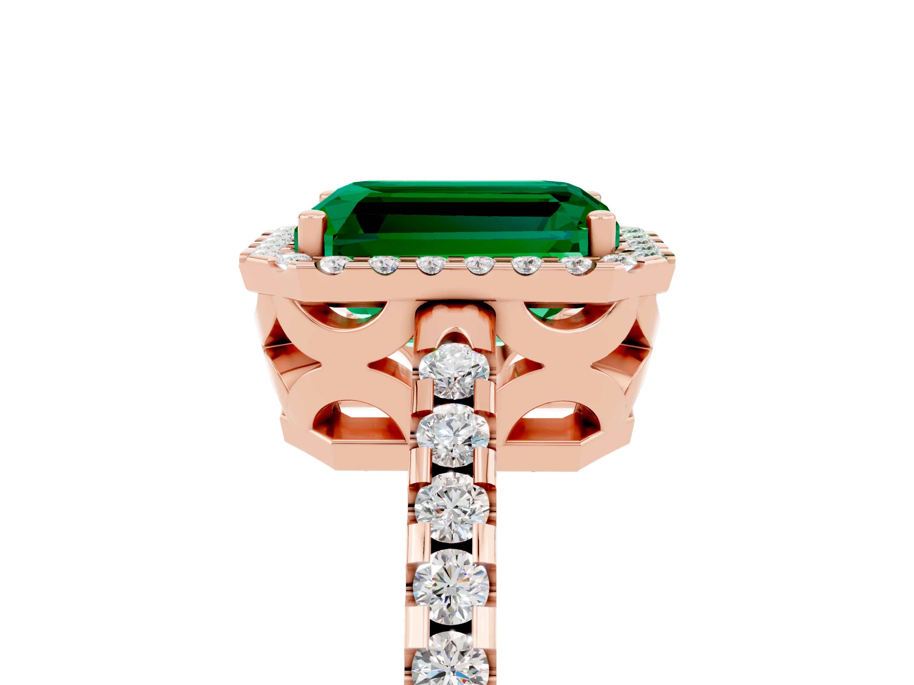 Rose gold Emerald Cut Emerald Halo Engagement Ring with Pavé Band and Prong Setting_17