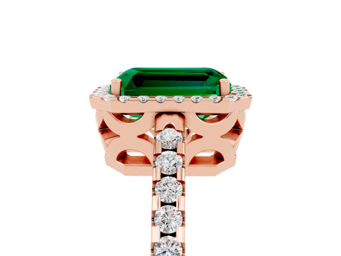 Rose gold Emerald Cut Emerald Halo Engagement Ring with Pavé Band and Prong Setting_17