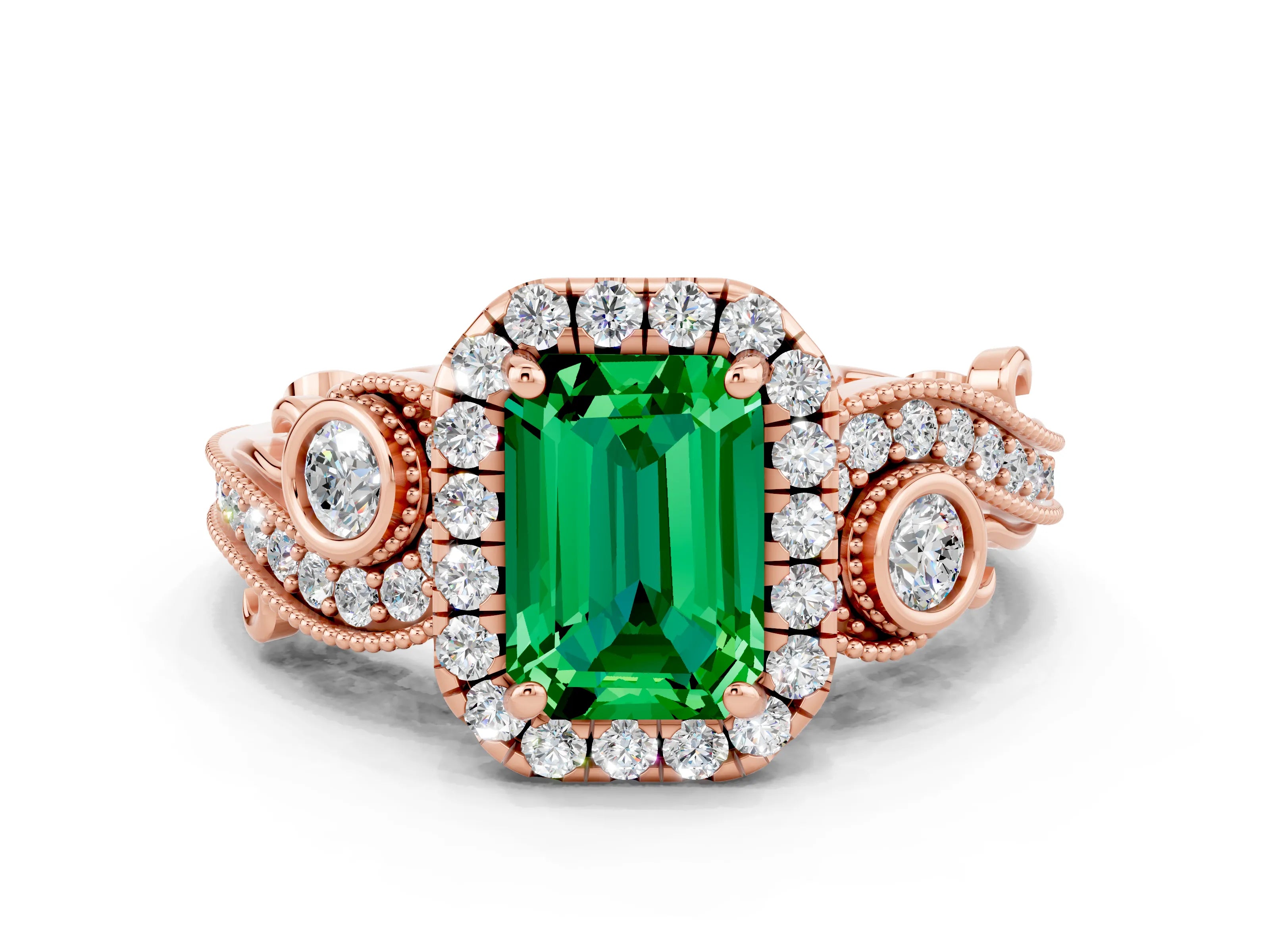 Rose gold Emerald Cut Emerald Halo Ring with Milgrain Pavé Band and Four-Prong Setting_12