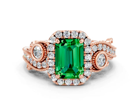 Rose gold Emerald Cut Emerald Halo Ring with Milgrain Pavé Band and Four-Prong Setting_12