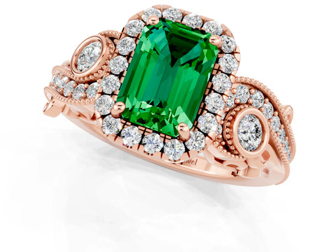 Rose gold Emerald Cut Emerald Halo Ring with Milgrain Pavé Band and Four-Prong Setting_13
