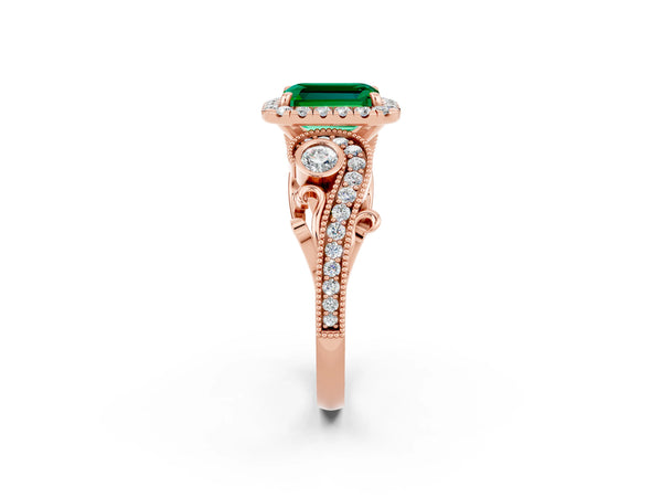 Rose gold Emerald Cut Emerald Halo Ring with Milgrain Pavé Band and Four-Prong Setting