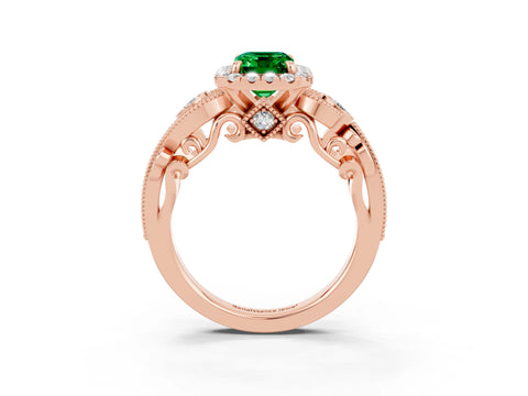 Rose gold Emerald Cut Emerald Halo Ring with Milgrain Pavé Band and Four-Prong Setting_15