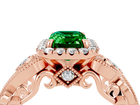 Rose gold Emerald Cut Emerald Halo Ring with Milgrain Pavé Band and Four-Prong Setting_16