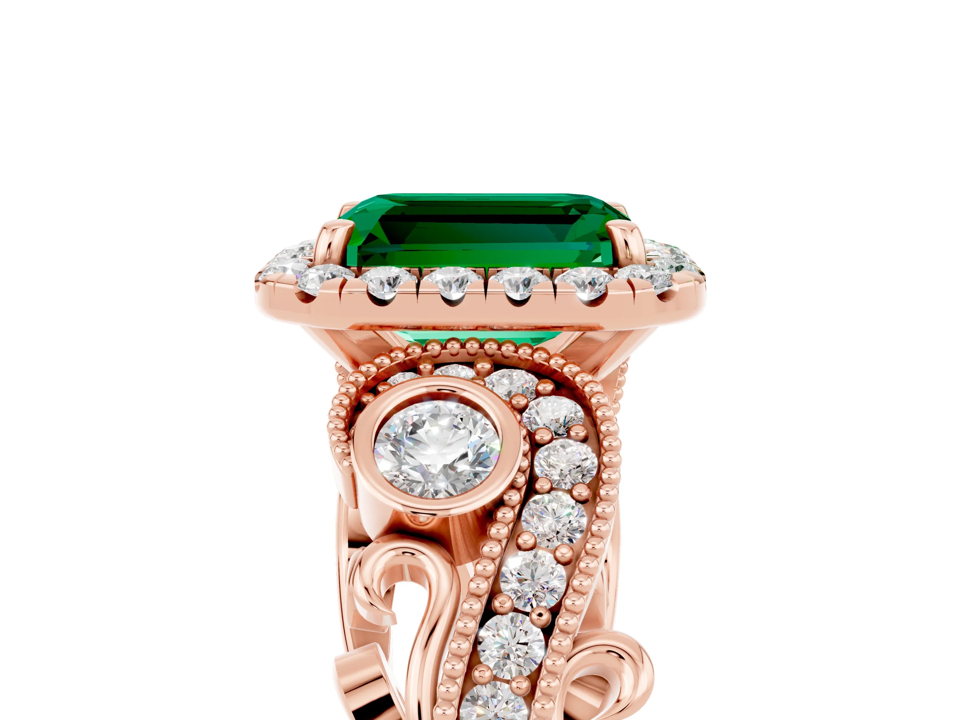 Rose gold Emerald Cut Emerald Halo Ring with Milgrain Pavé Band and Four-Prong Setting_17