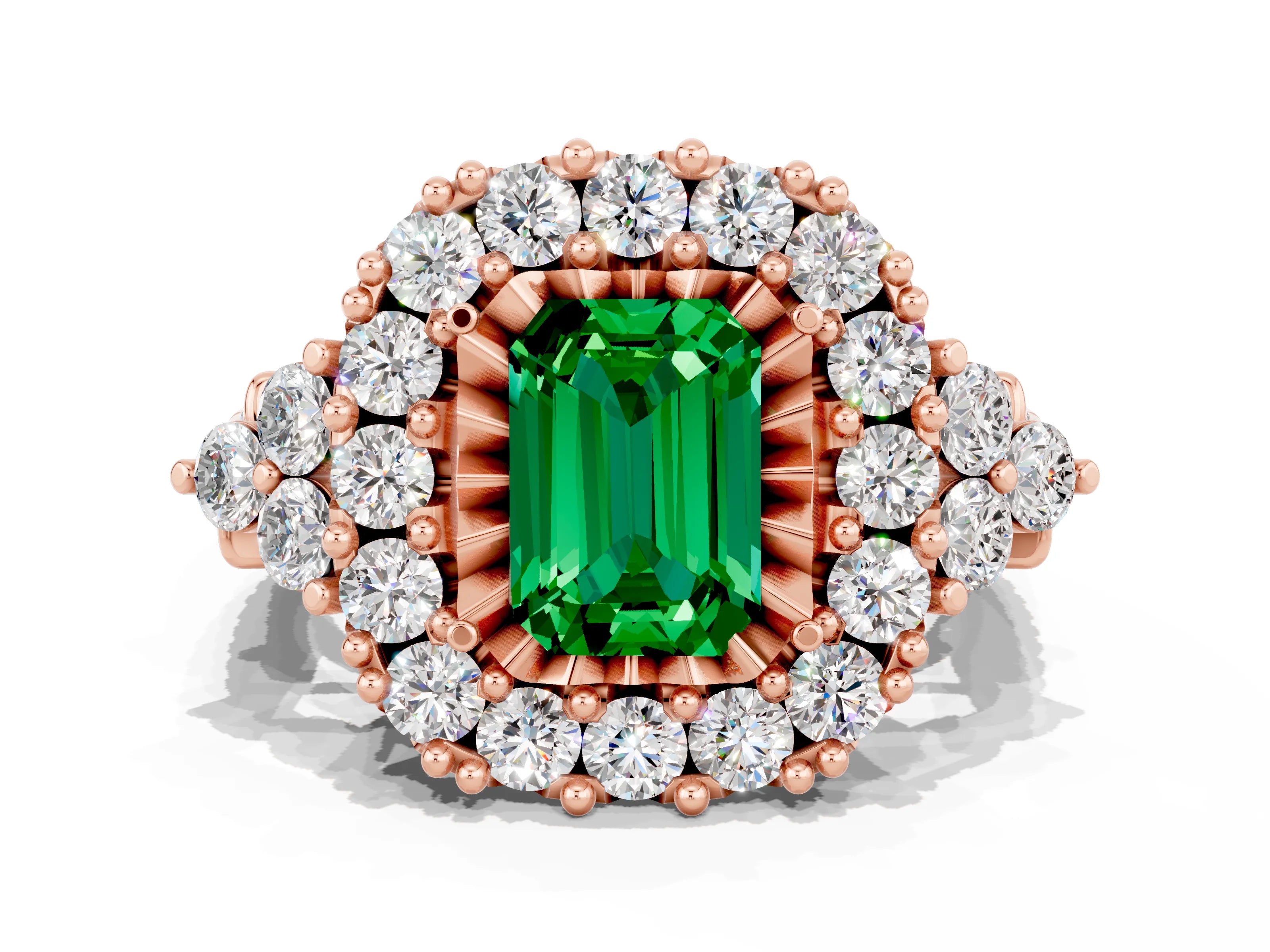 Rose gold Emerald Cut Emerald Halo Ring with Pavé Band and Four-Prong Setting_12
