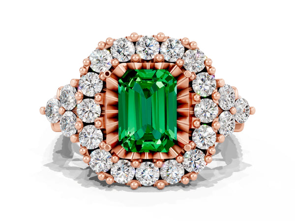 Rose gold Emerald Cut Emerald Halo Ring with Pavé Band and Four-Prong Setting