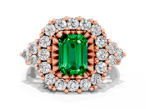 Rose gold Emerald Cut Emerald Halo Ring with Pavé Band and Four-Prong Setting_12