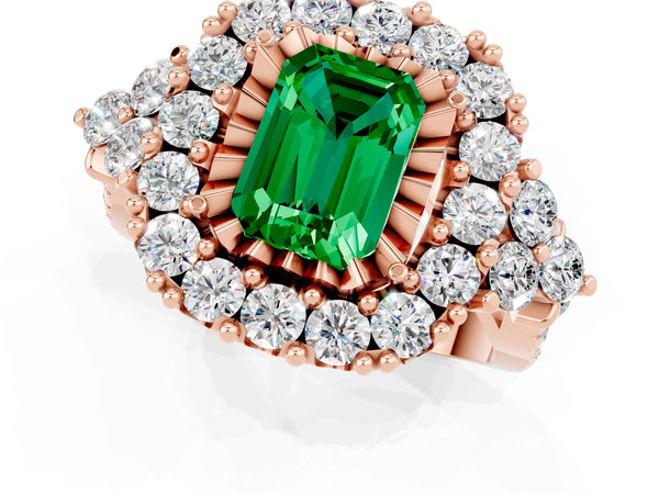 Rose gold Emerald Cut Emerald Halo Ring with Pavé Band and Four-Prong Setting