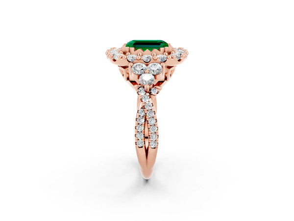 Rose gold Emerald Cut Emerald Halo Ring with Pavé Band and Four-Prong Setting