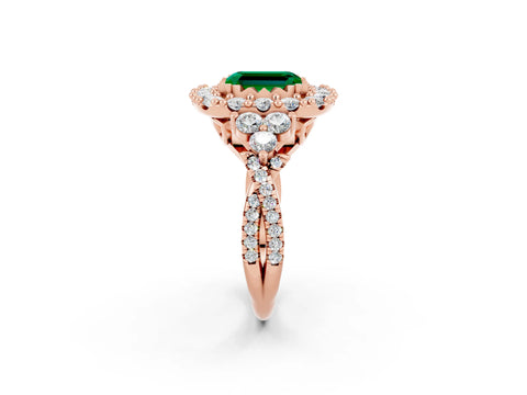 Rose gold Emerald Cut Emerald Halo Ring with Pavé Band and Four-Prong Setting_14