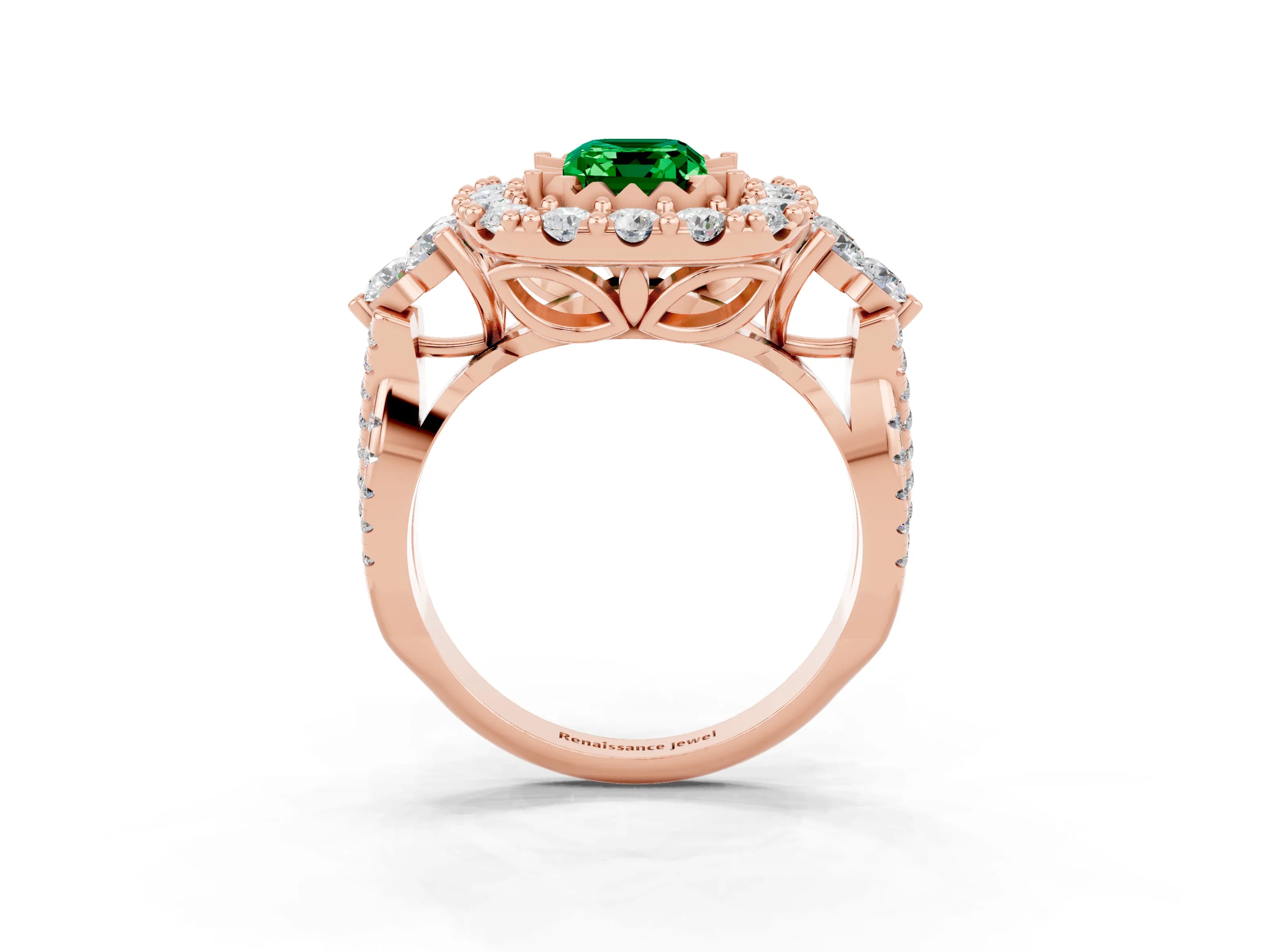Rose gold Emerald Cut Emerald Halo Ring with Pavé Band and Four-Prong Setting_15