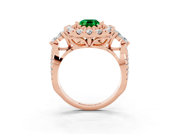 Rose gold Emerald Cut Emerald Halo Ring with Pavé Band and Four-Prong Setting