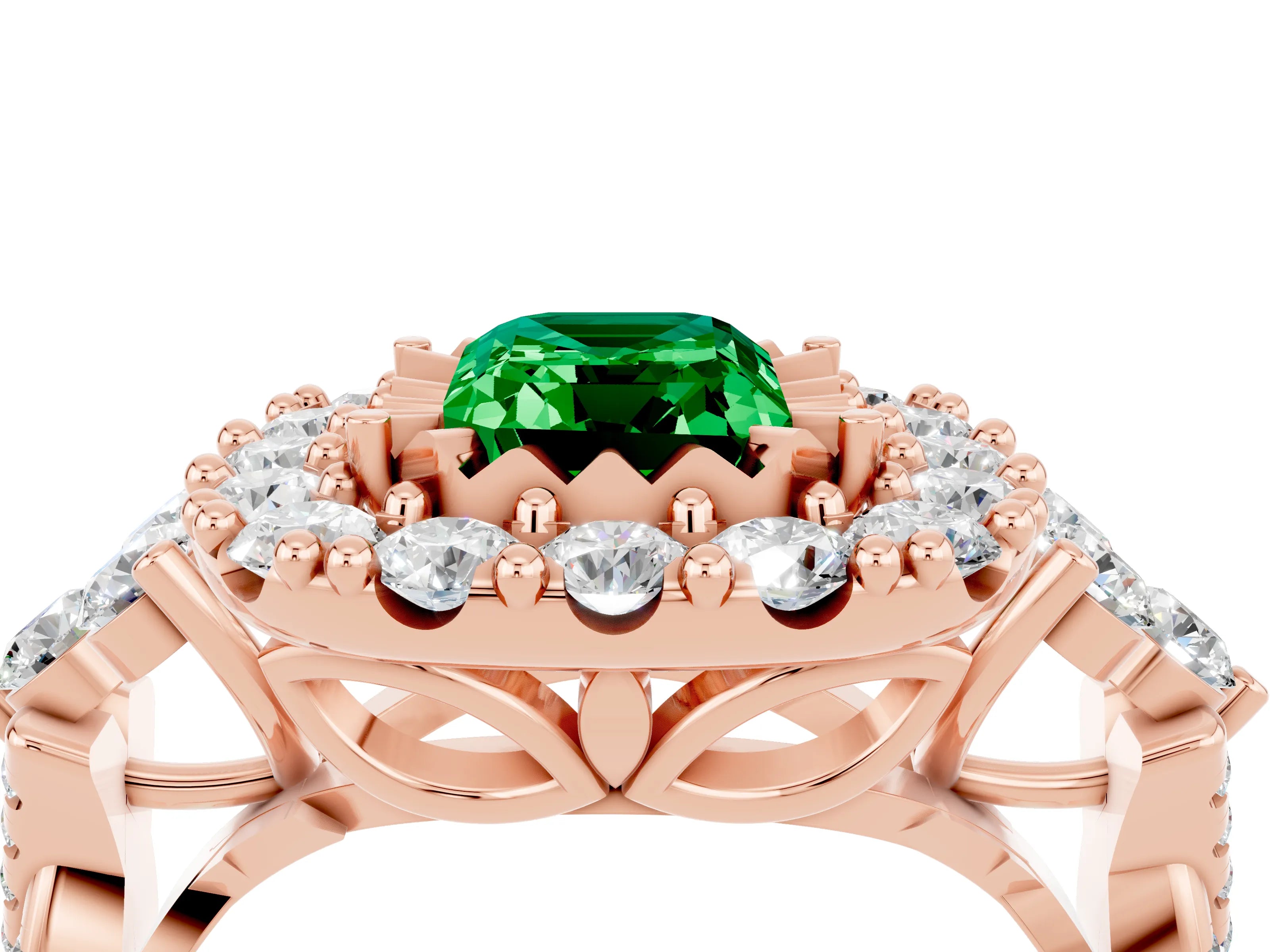 Rose gold Emerald Cut Emerald Halo Ring with Pavé Band and Four-Prong Setting_16