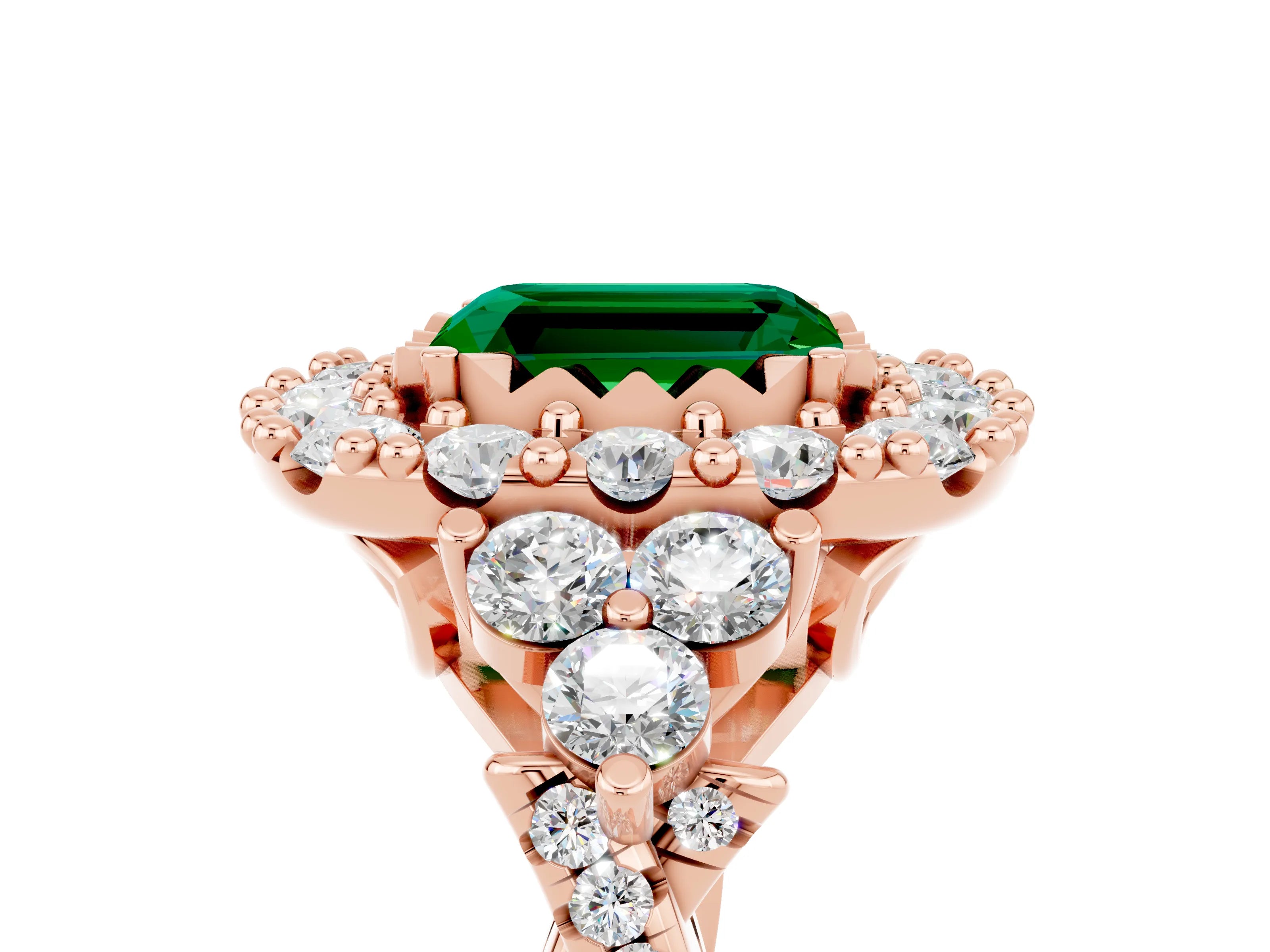 Rose gold Emerald Cut Emerald Halo Ring with Pavé Band and Four-Prong Setting_17