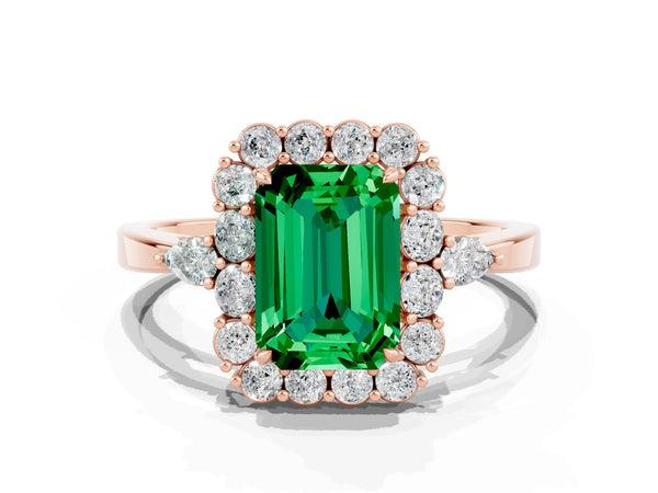 Rose gold Emerald Cut Emerald Halo Ring with Pear Side Stones and Prong Setting